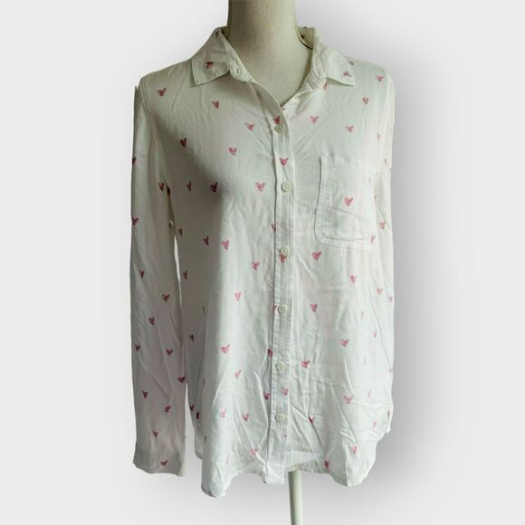 BeachLunchLounge Alanna Button Down Heart Print Long Sleeves White Viscose M - Picture 2 of 10